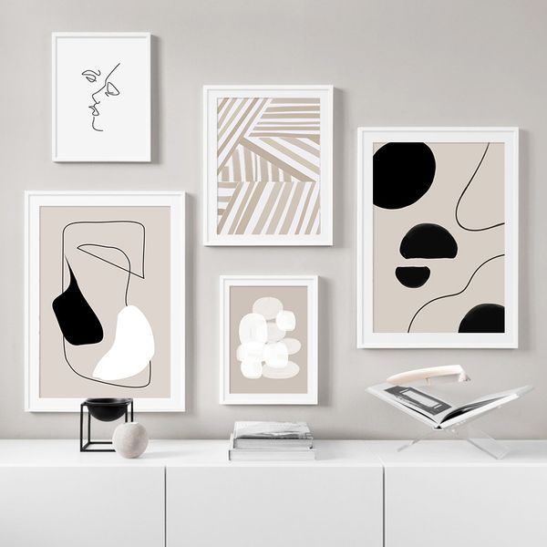 

lienzo abstracto moderno póster con impresión estilo cuadro arte de pared patrón geométrico beige cuadros negros para sala de estar