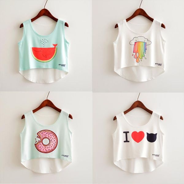 

new fashion women crop sleeveless cat panda print summer casual women short cropped vest tank, White