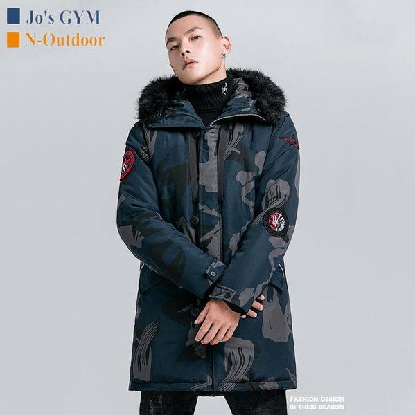 

меховой воротник среднедлинная зимняя куртка мужчины мода камуфляж повседневная ветрозащитный толстые теплая куртка с капюшоном спорт путеше, Blue;black