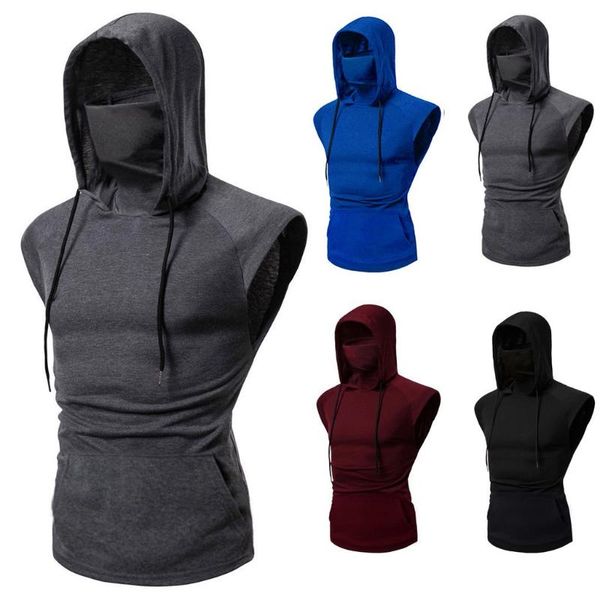 

mens tank mask button sports vest hooded splice large open-forked male vest gym clothing bodybuilding men tankhoodies, White;black