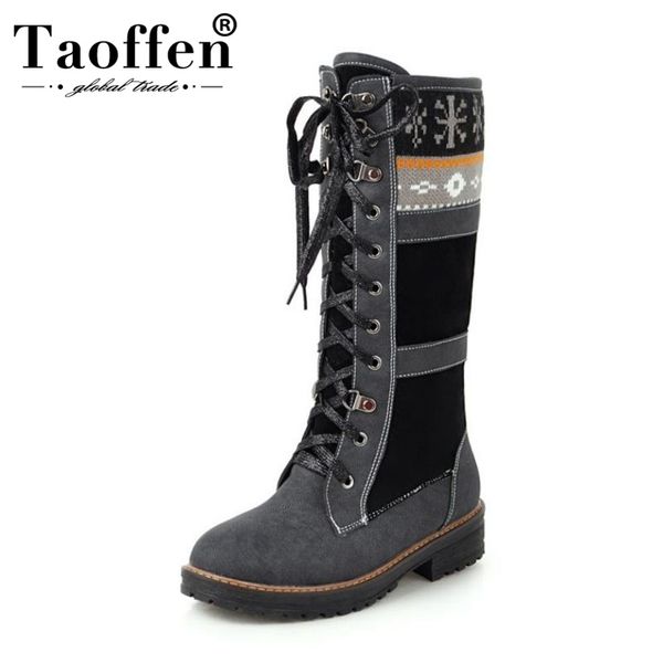 

taoffen ladies knight boots winter thermal mid calf footwear lace up fashion low heel shoes side zipper daily boots size 32-43, Black