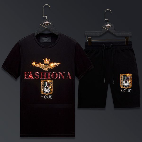 

heavy industry summer suit men's diamond short-sleeved t-shirt men's fashion casual brand men's half-sleeved ice silk spirit, White;black