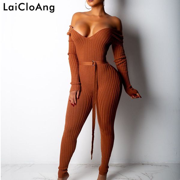 

laicloang off shoulder ribbed jumpsuit women long sleeve v-neck sashes autumn women rompers casual ladies jumpsuits 2020, Black;white