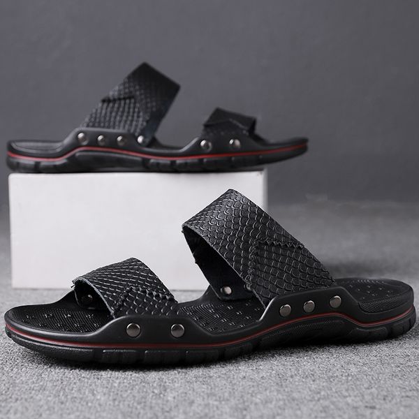 

2020 summer men slippers summer flats man shoes breathable beach slippers split leather flip flops mens size 38-48, Black