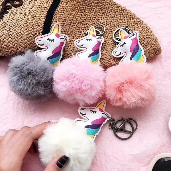 

cgjxscolorful unicorn hair ball pendant double -sided pu leather unicorn keychain ladies bag car pendant