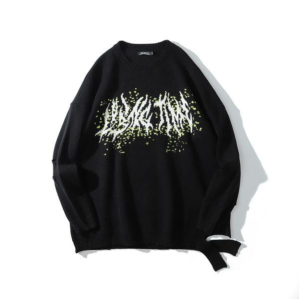 

original hole round neck oversize sweater mens pullover streetwear loose casual sweaters knitted hip hop clothing, White;black
