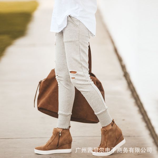 

wepbel solid color mid waist fashion trousers women's casual pants clothing hole skinny ankle length pencil pants, Black;white