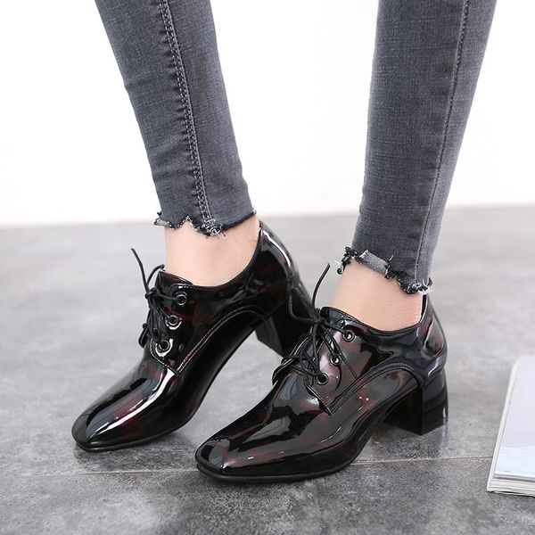 

quality spring patent leather women's heels pumps shoe block heels oxford shoes for women fashion lace-up party shoes woman, Black