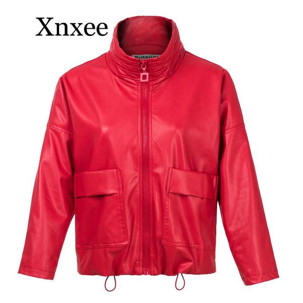 

red women's leather jacket short spring and autumn loose women's motorcycle leather jacket female coat large size clothing, Black