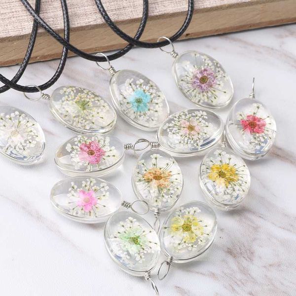

luyun fashion oval lace flower dried flower necklace pendant crystal glass women jewelry wholesale chain necklace, Silver