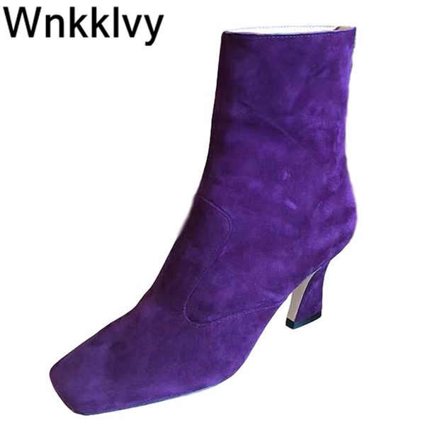 

spaure toe high heel ankle boots women genuine suede purple short boots 2020 ladies autumn winter shoes zapatos mujer botas, Black