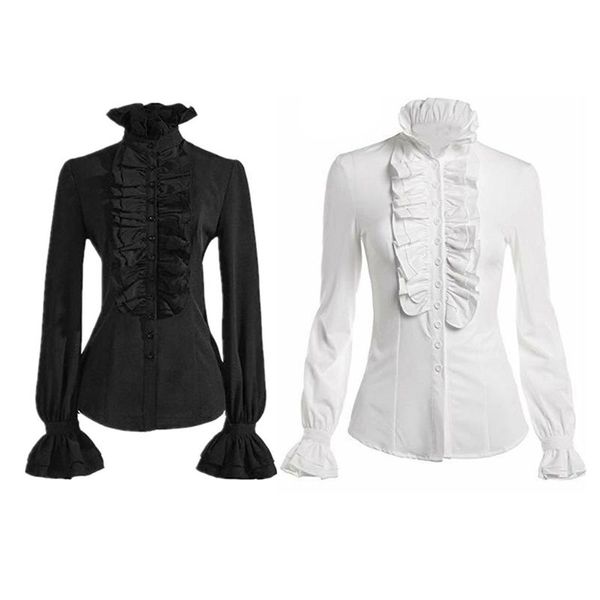 

womens vintage victorian shirt high neck ruffles button down blouse long sleeves slim waist office lady gothic lotus, White