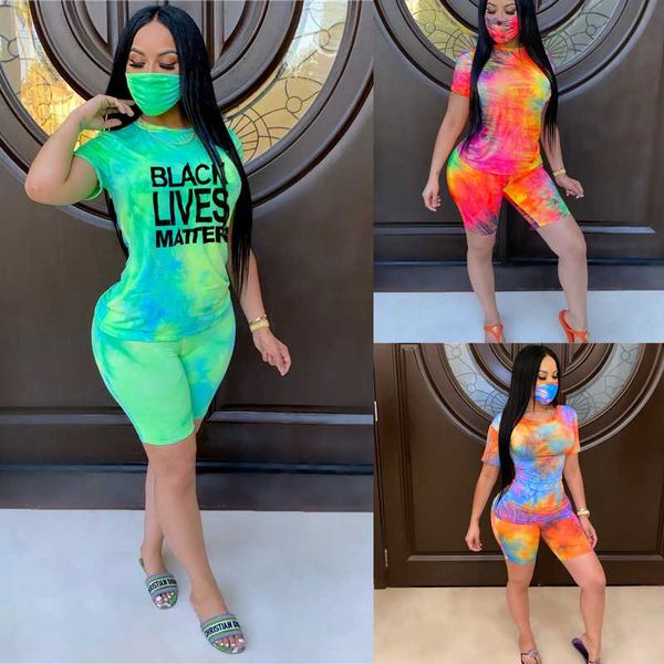

tie dye women two piece set black lives matter letter print summer suits casual shorts with mask female tracksuit set, Gray