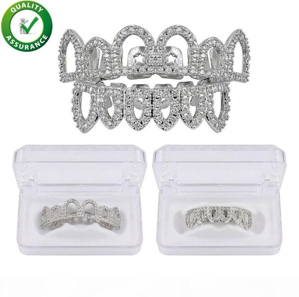 

hip hop teeth grillz luxury designer jewelry 18k gold plated shiny cz mouth grillz iced out zircon hollow dental grills & bottom set, Black