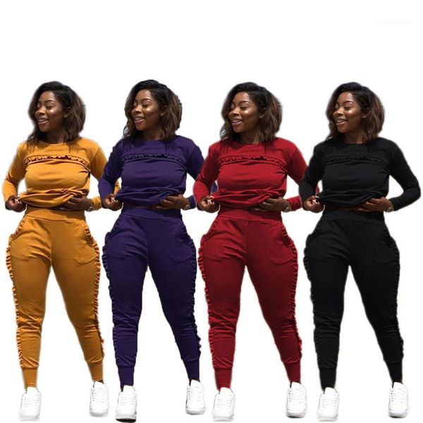 

neck solid color slim long pants fashion women clothing womens designer ruffle tracksuits casual crew, Gray