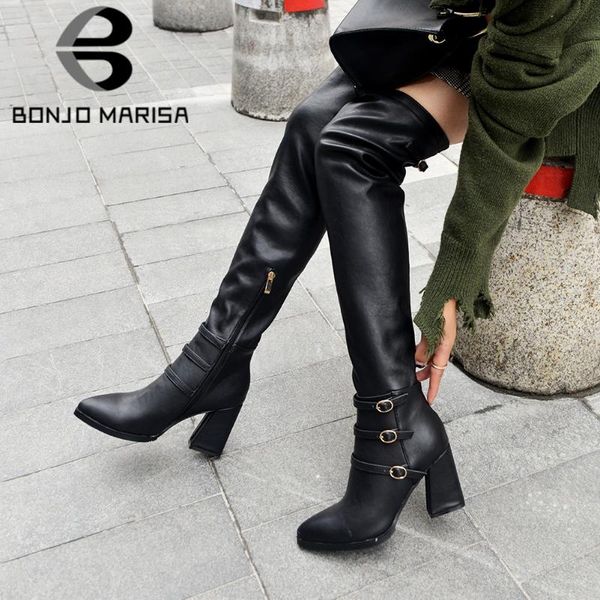 

bonjomarisa classic buckle pointed toe knee high high heels casual daily boots women zipper buckle shoes woman, Black