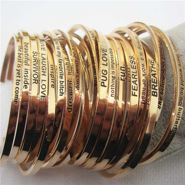 

mix 6pcs rose gold stainless steel engraved positive inspirational quote hand mantra bangle for women, Black