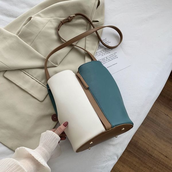 

new pu leather bucket bag 2020 single shoulder messenger bag large capacity women's stitching color crossbody