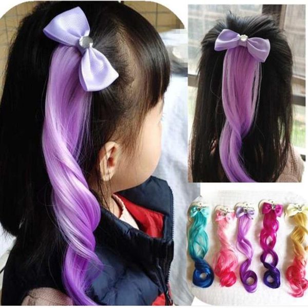 

new girls lovely gradient colorful wigs bow hairpins princess hair ornament headband hair clips barrettes kids accessories, Slivery;white