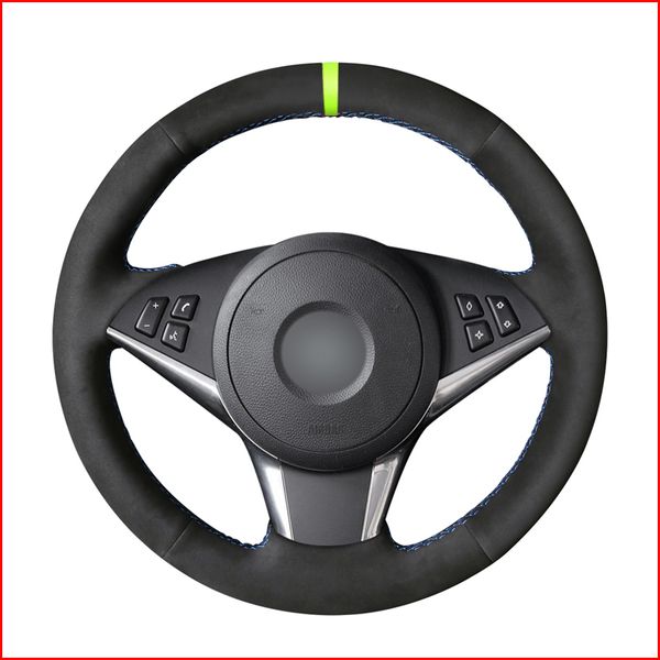 

black suede car green marker steering wheel cover for bmw e60 530d 545i 550i e61 touring 2005-2009 e63 e64 630i 645ci 650i