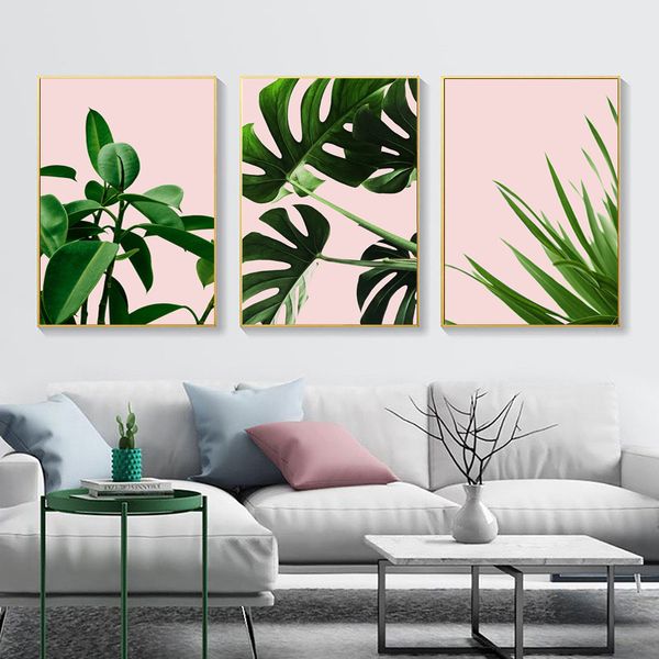 

minimalist canvas painting tropical leaves print nature poster green fresh pink wall art decorative pictures for living room