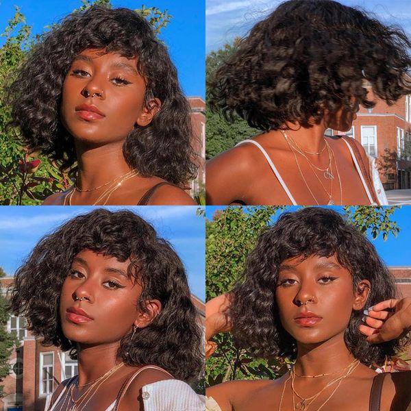 

selling 13x6 lace front wig curly human hair wig with bangs for black women bob wig 150% remy peruvian hair