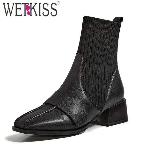 

wetkiss chunky heel ankle boots woman sock boot slip on shoes square toe ladies booties casual leather autumn winter 2021, Black