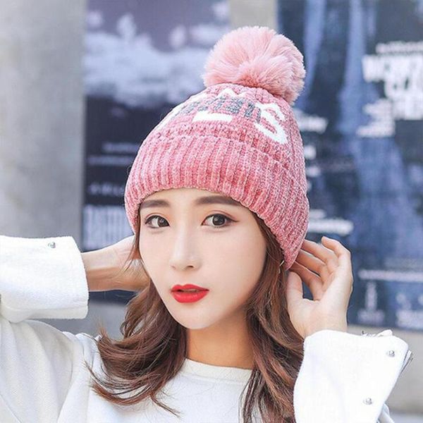 

missky winter lady women beanies thicken knitting chenille beanie fashion letters wool ball cute warm hat bonnet female caps, Blue;gray