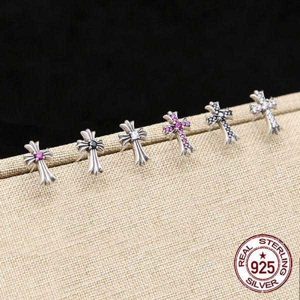 

s925 sterling silver earrings exaggerated personality fashion retro hipster cross letters inlaid stone modeling punk hip hop jewelry gifts