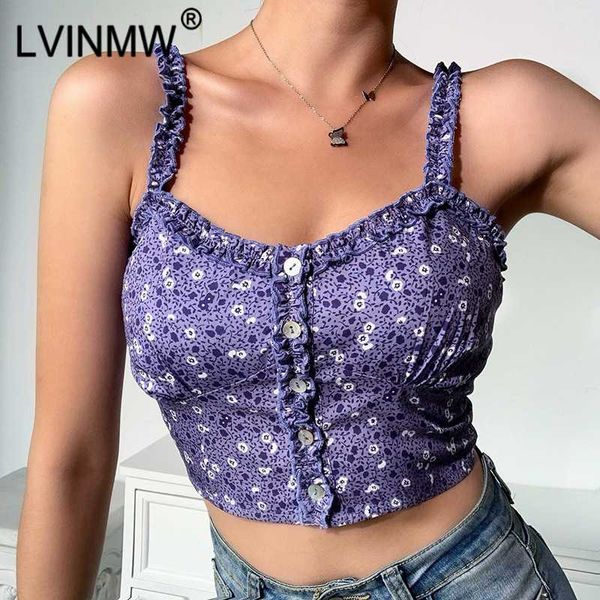 

women's tanks & camis lvinmw floral print spaghetti straps ruffles slim crop 2021 summer women low cut sleeveless backless camisole, White