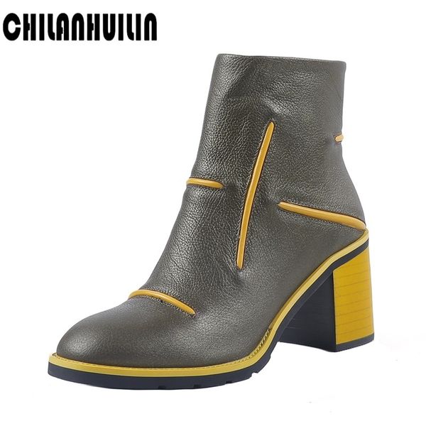 

retro fashion mixed color leather ankle boots for women thick bottom chunky heel leather zipper-sid square toe party high heels, Black