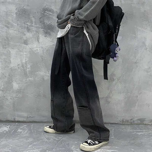 

goohojio 2020 new high waist drop jeans wide leg loose straight gradient jeans women summer harajuku black demin pants women, Blue