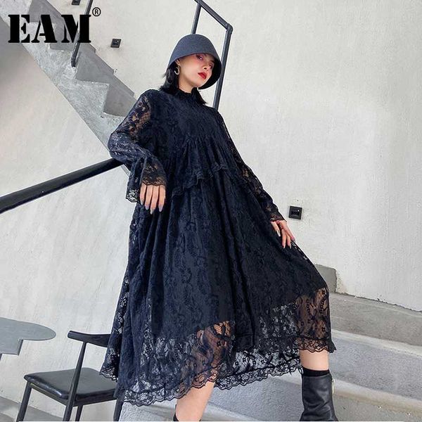 

eam] women black lace split big size long dress new stand collar long sleeve loose fit fashion tide spring autumn 2020 1z047, Black;gray