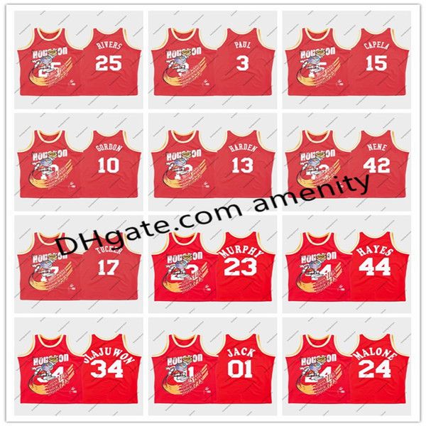

houston rockets 34 olajuwon 13 harden 0 westbrook classics basketball hardwood james russell hakeem austin rivers red remix jersey, Black