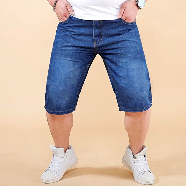 

summer fashion men's jeans shorts elastic short ripped jeans homme knee length streetwear punk style hip hop denim shorts men, Blue