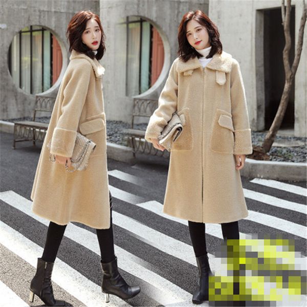 

winter women faux lambswool fur overcoats luxury long loose thick warm plus size female 2020 khaki, Black