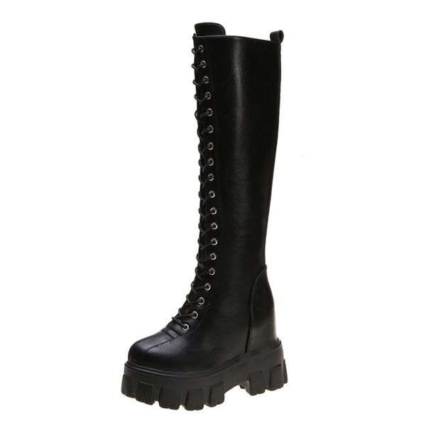 

boots women fashion women cross strap pu leather boots autumn winter knee high ladies thick sole platform botas mujer, Black