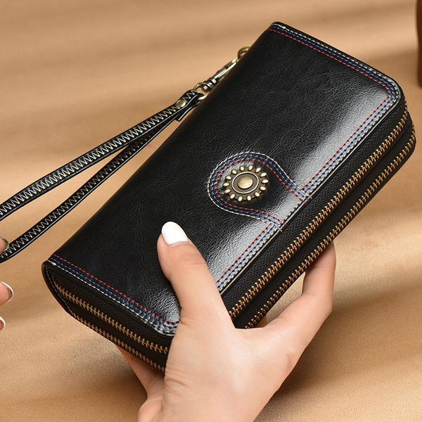 

luxury black cowhide wallet ladies design clutch bag ladies fashion retro long double zipper large capacity multi-card coin purse gift 349