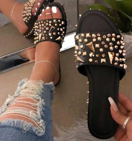 

лето женщины rivet тапочки плоский повседневный ladies слайды open toe вне платформы металл мягкая пляжная обувь летняя обувь женская, Black