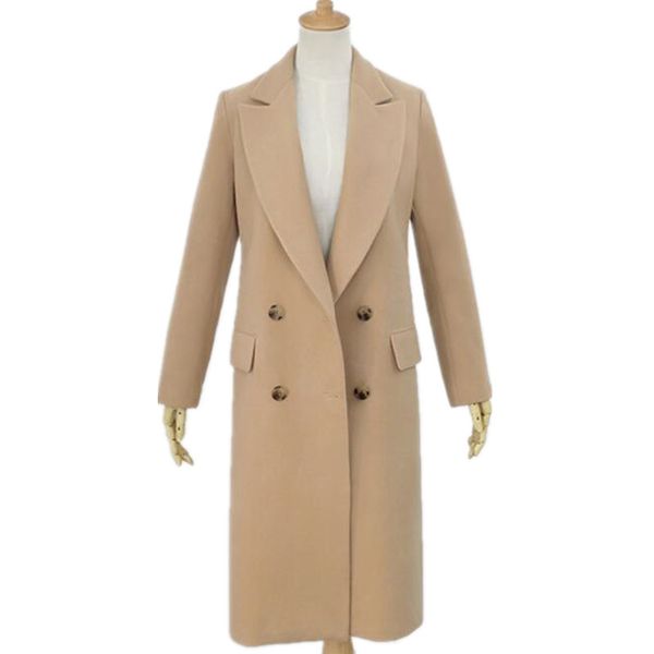 

women's wool & blends woolen coat women double breasted straight turn down collar long, Black