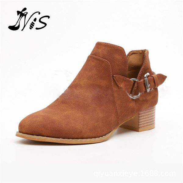 

winter women's shoes booties belt buckle ankle boots round head single boots casual leather middle low 2020 news, Black