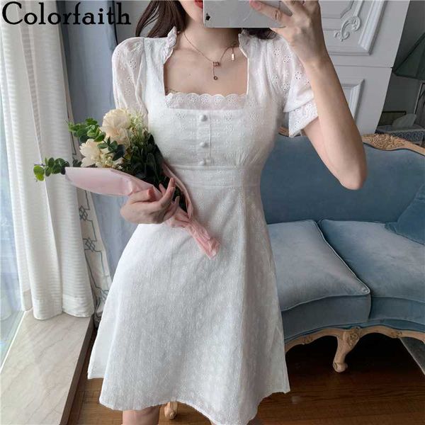 

colorfaith new 2020 summer women dresses square collar lantern sleeve lace elegant vintage casual hollow out floral dress dr9680, Black;gray