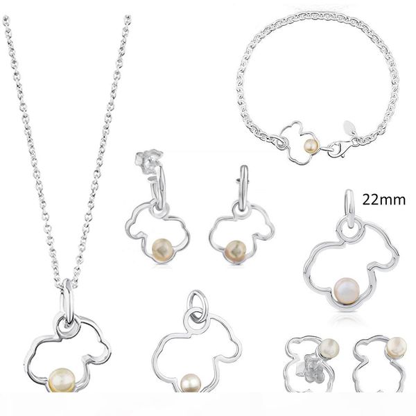 

100% 925 sterling silver pearl bear hollow earrings pendant necklace bracelet quality jewelry retro wedding gift ing, Black