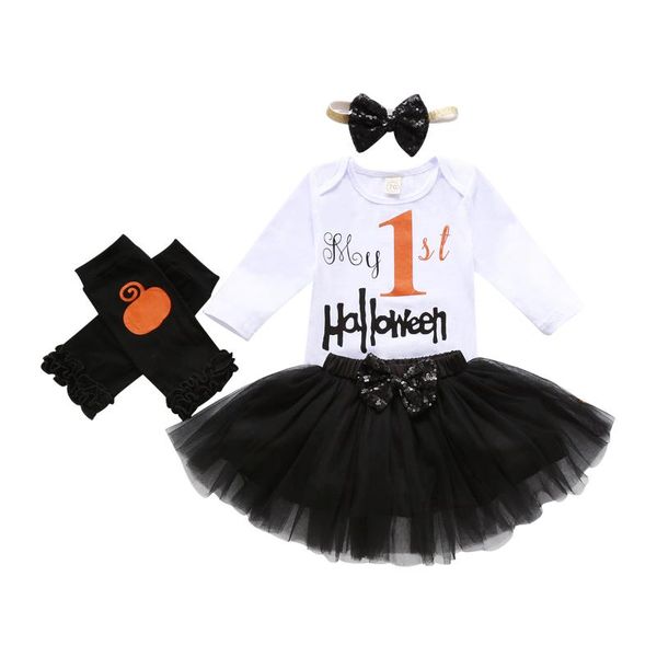 

2020 new halloween newborn baby girls outfits set long sleeve letter print romper+sequin bow+mesh skirt+headband, White