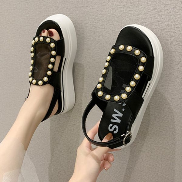 

sandals 2020 summer new pearl open toe breathable mesh casual large size flat-bottom platform platform women sandals, Black