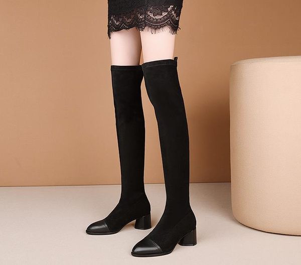 

leather boots high tube with knee female boots 2020 autumn and winter new thick with elastic women, Black