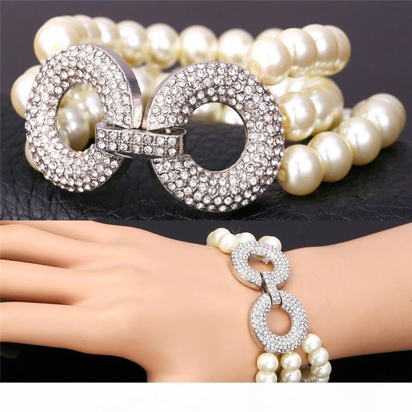 

3 layers pearl bracelet for women clear austrian rhinestone round charms luxury multilayer beaded bracelet, Black