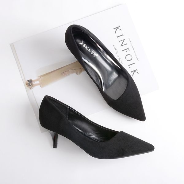 

fashion women thin high heels party shoes office & career women pumps flock slip on thin high heels pointed toe shallow, Black