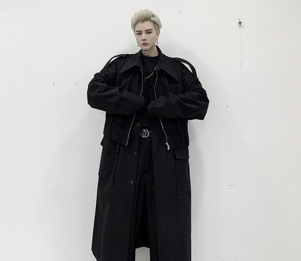 

mens trench coats man splicing middle length coat men fake two clothes overcoat long sleeve 2020 spring new designer black d228, Tan;black