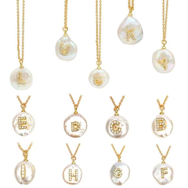 

women a to z letter micro-set zircon pearl necklace special-shaped pearl cubic zirconia faux pendant necklace jewelry gift, Silver